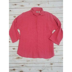 Chico's Tunic Top Blouse Shirt 2 Red 100% Linen Button Down Long Sleeve Solid